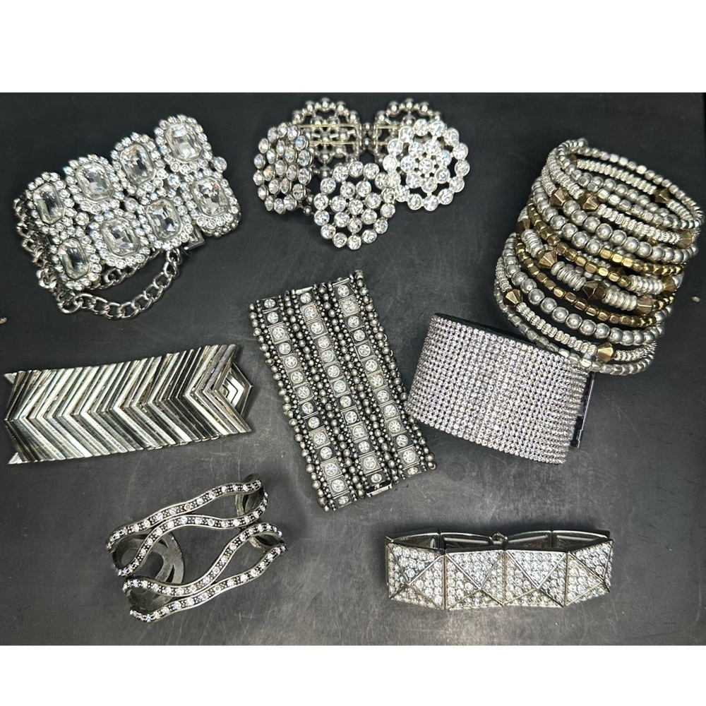 Silver and Gold Tone Statement Rhinestone Sparkle Party Evening Bracelet Lot Set - Picture 6 of 6